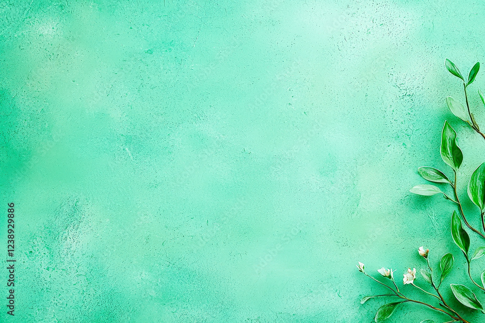 Poster Soft green background features leaves and small flowers, creating a fresh, tranquil atmosphere suitable for spring themes