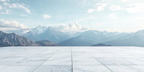 Mountain view with marble floor and clouds in the sky landscape scenic background Copy Space