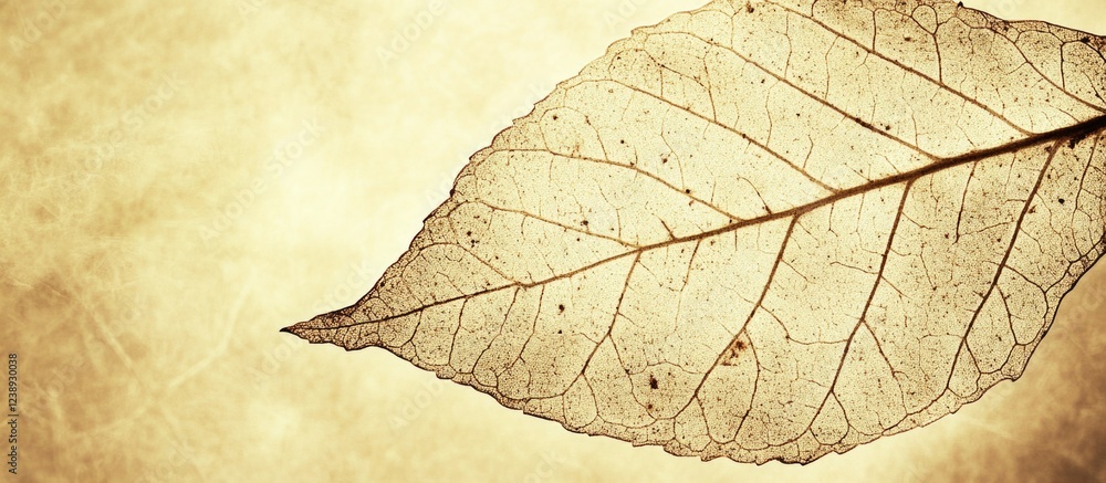 Poster dry leaf texture with intricate vein patterns on a soft golden background natural lighting with copy