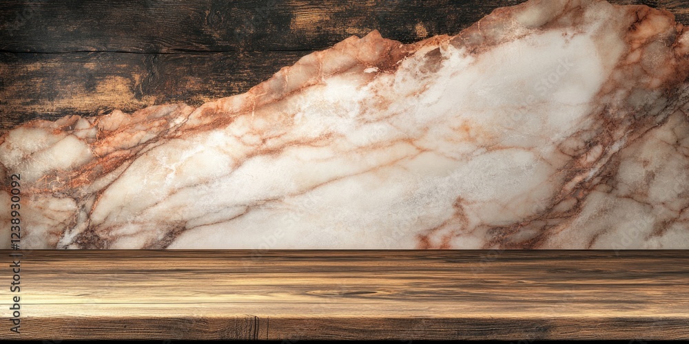 Poster marble and wooden table top background with smooth marble texture and dark wooden surface suitable f