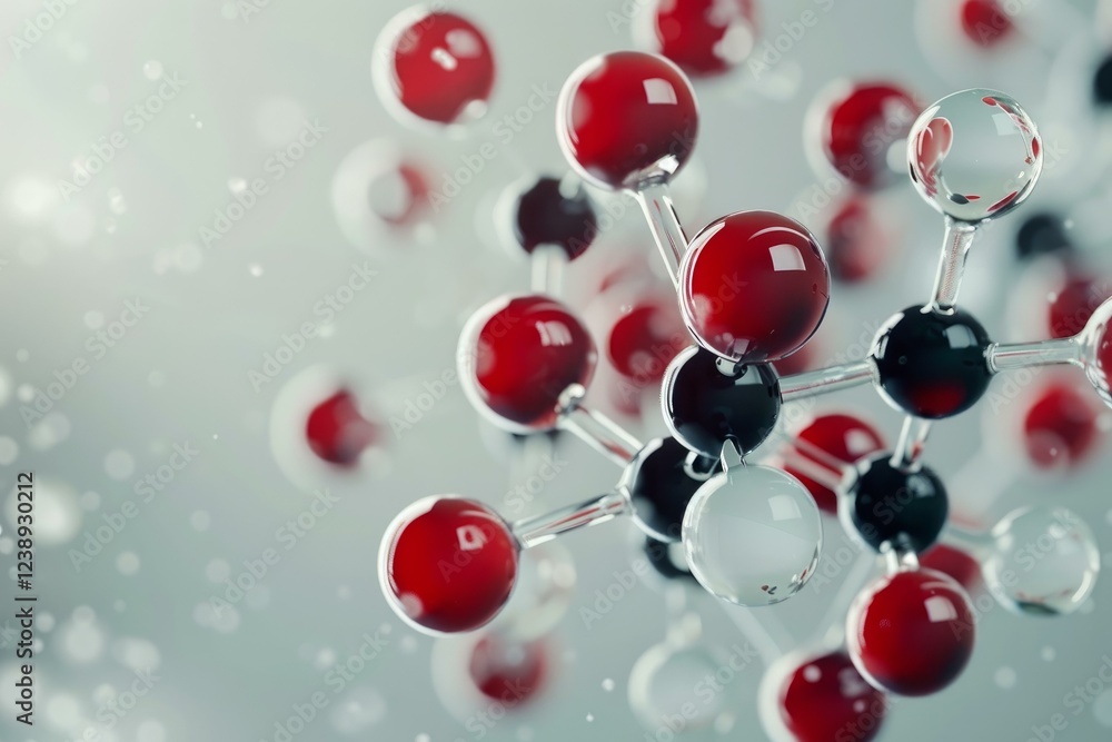 Poster 3d rendering of a molecular structure with connecting red and black spheres on a light grey backgrou