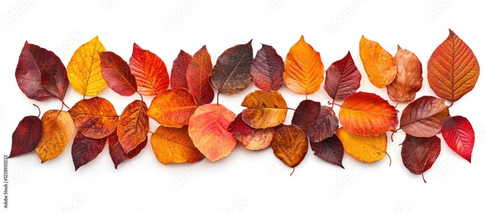 Poster autumn colored leaves arranged in a horizontal line on a white background with copy space for text p