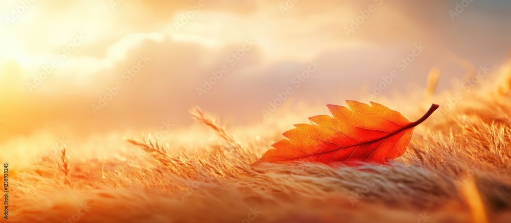 Poster autumn leaf on grass with warm sunlight and cloudy background providing a soft focus nature scene wi