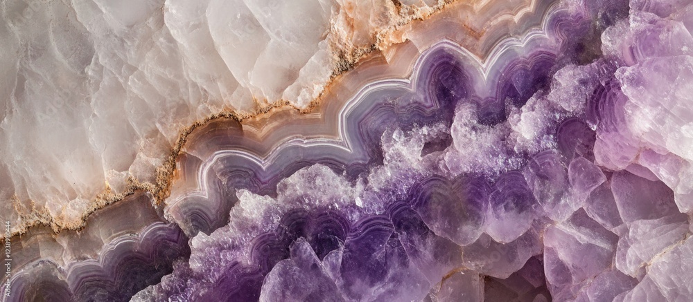 Poster close-up view of banded amethyst and quartz mineral formation with intricate textures and patterns, 