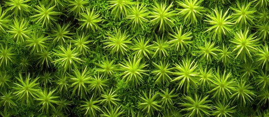 Close-up of lush green moss with star-shaped leaves creating a textured natural background Copy Space
