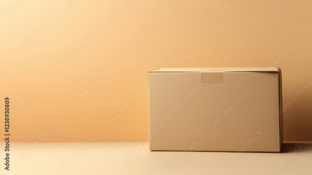 Poster cardboard box on a smooth surface with warm beige background and ample copy space for text or brandi