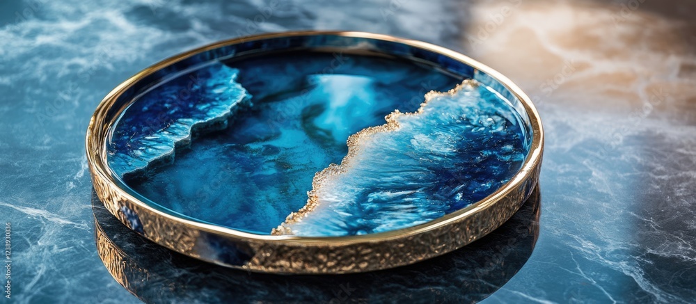 Aufkleber blue resin serving tray with golden edges on a marble surface, featuring abstract ocean-like pattern