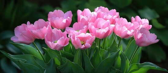 Fototapeta premium Pink tulips with lush green leaves in a garden setting natural light Copy Space