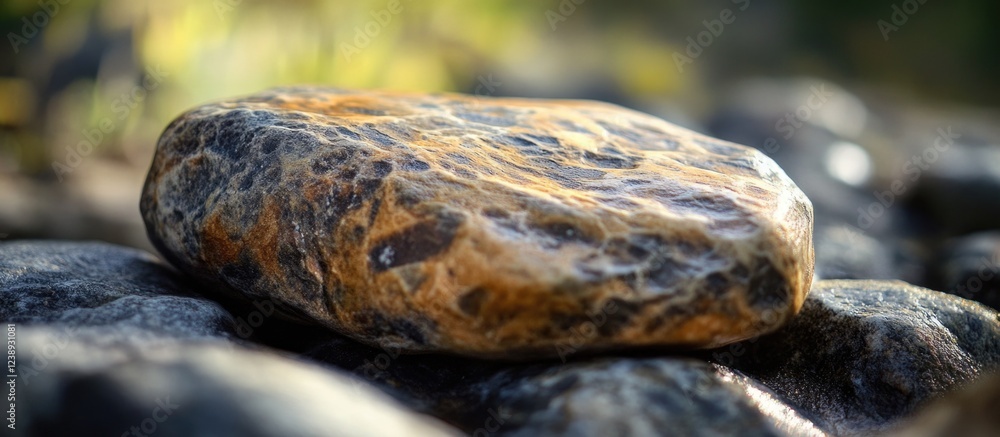Poster close-up view of a large, smooth rock with unique textures and colors resting among smaller pebbles 