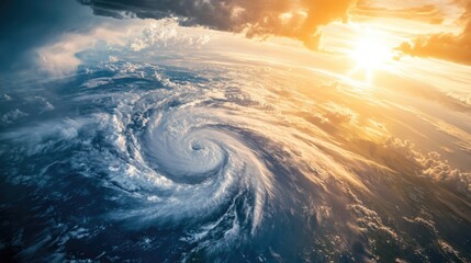 Hurricane formation viewed from above with swirling clouds and sunlight breaking through the atmosphere Copy Space