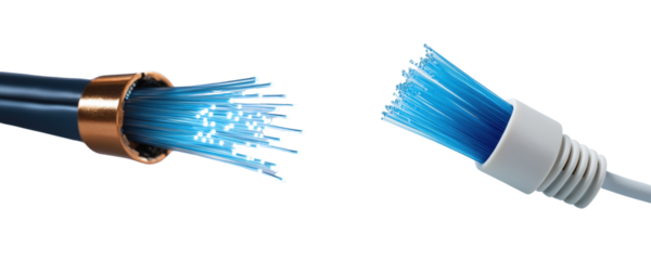 Close-up of fiber optic cable and connector for high-speed internet