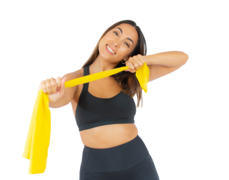 Young sport woman with elastic tape for yoga class isolated over transparent background. PNG transparent - Powered by Adobe