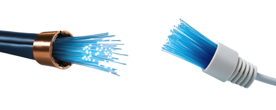 Close-up of fiber optic cable and connector for high-speed internet