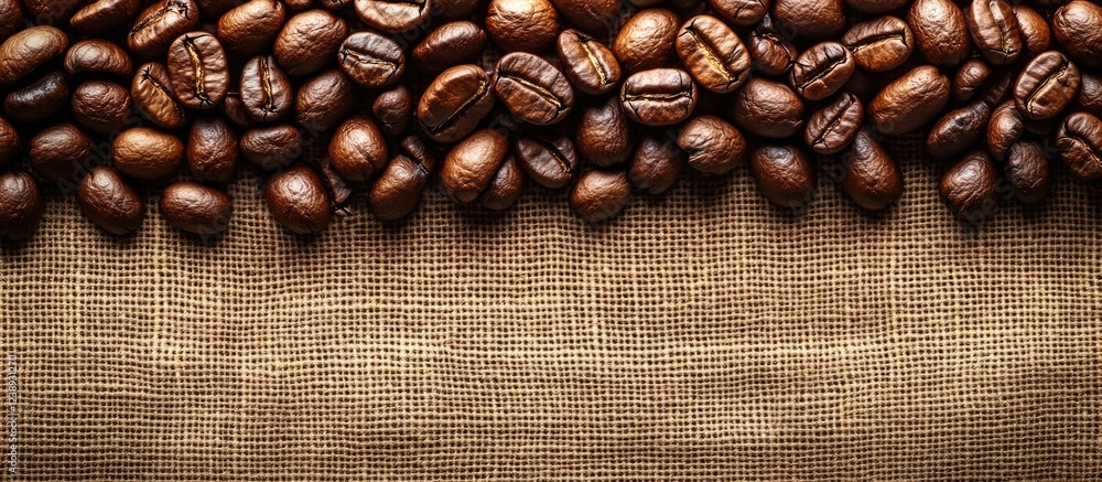 Poster coffee beans on burlap background with ample copy space for text and designs