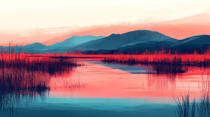 Fototapeta premium Red And Blue Sunset Landscape Over Calm Lake