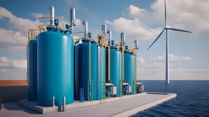 Obraz premium Eco-Friendly Desalination Plant Powered by Renewable Wind Energy