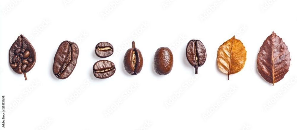 Poster coffee beans and dried leaves arranged in a line on a white background with copy space for text plac