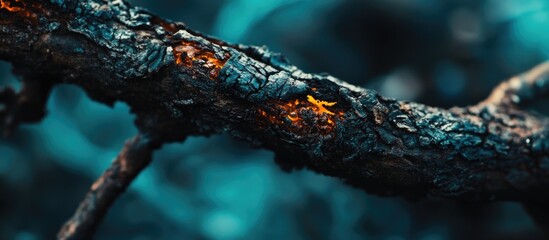 Close-up of a charred tree branch displaying fiery orange highlights on a dark textured surface with a blurred background, Copy Space