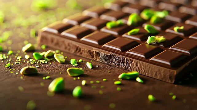 Close-up of a gourmet chocolate bar adorned with delicate strands of green kadayif and whole pistachios, with soft lighting highlighting its texture.
