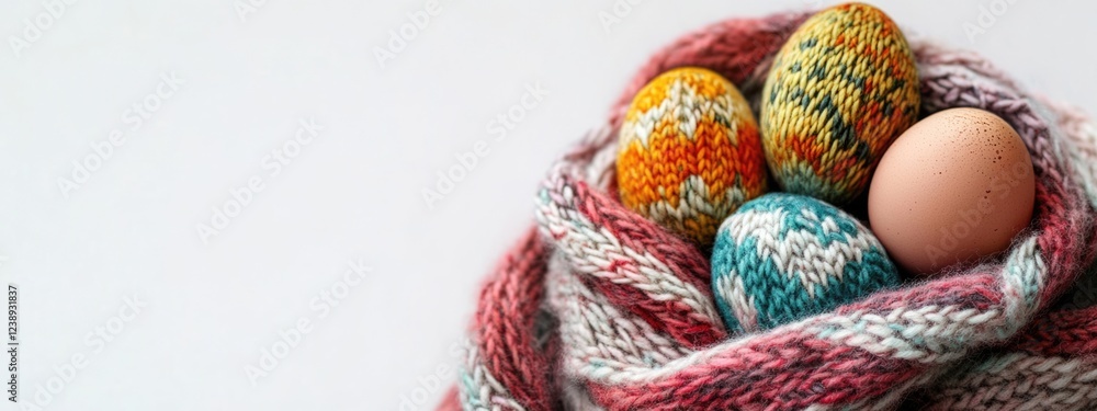 Poster colorful easter eggs in a knitted wrap with copy space for text in a light background