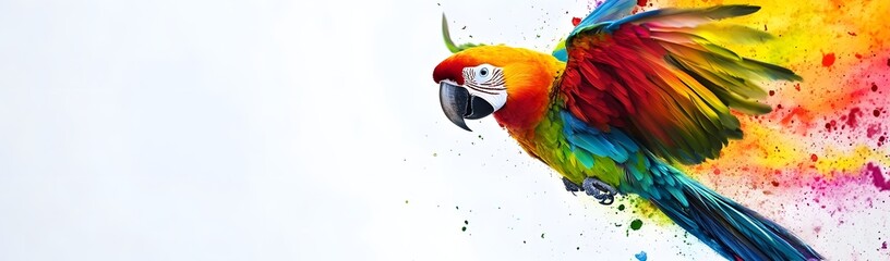 Obraz premium Vibrant macaw flying against a colorful splash background, symbolizing freedom and nature's beauty