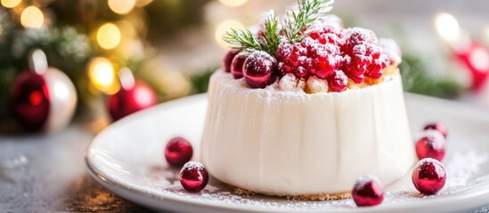 Festive dessert with cream texture topped with red currants and decorative green leaves on white plate with Christmas decorations in background Copy Space