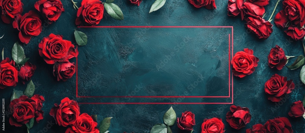 Poster red roses arranged on dark textured surface with empty rectangular space for text or images. copy sp