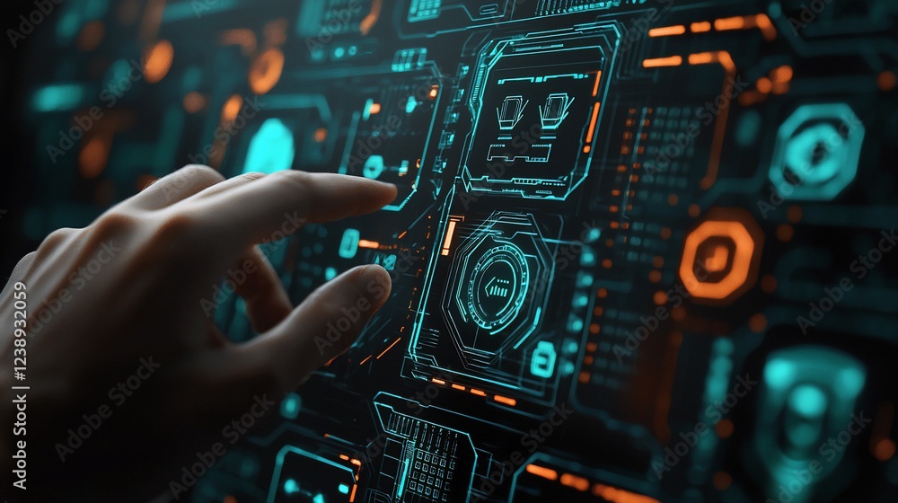 Poster hand interacts with futuristic interface; data streams in background; technology concept; website ba