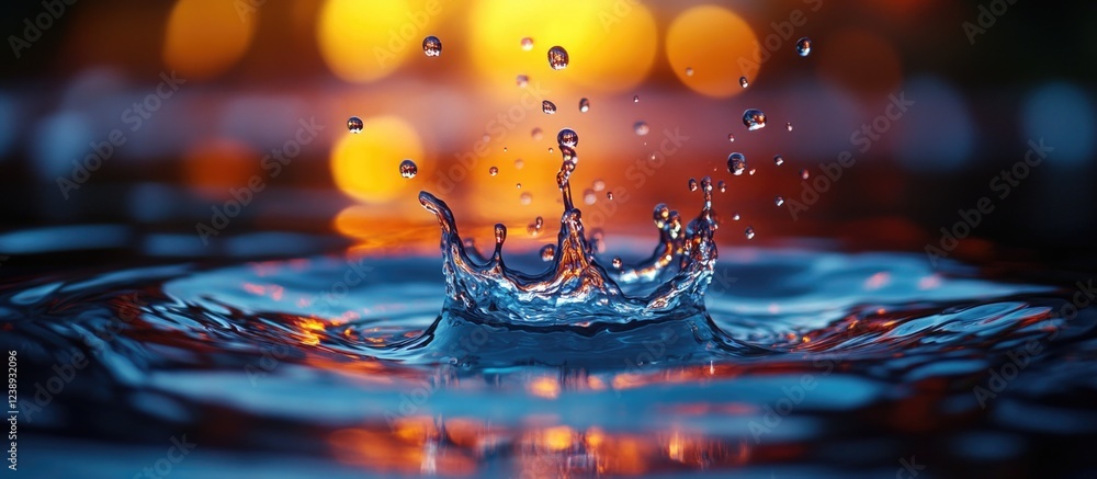 Poster water splash creating droplets in a pool with blurred bokeh lights in the background captured in hig