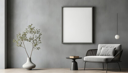 Blank picture frame mock up, Elegant grey frame empty white canvas hanging on the wall, minimal mockup frame on grey wall, modern interior, wall art presentation template, Picture frame