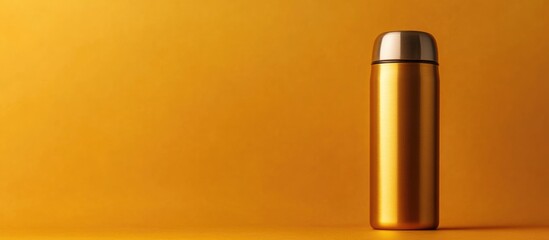Metal thermos bottle on vibrant yellow background with soft shadows and ample copy space for text or product branding