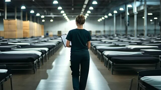 Cots arranged in a gym with a volunteer walking through the rows, carrying a clipboard, symbolizing structured crisis management.