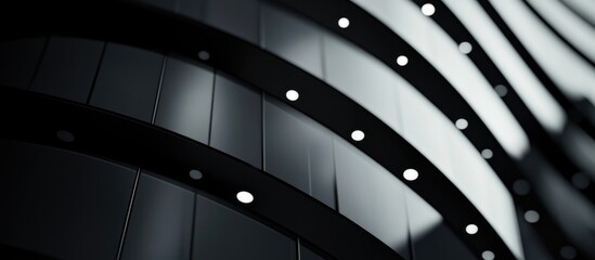 Obraz premium Abstract close-up of modern architectural facade with curved lines and circular lights on a dark background, sleek design with Copy Space