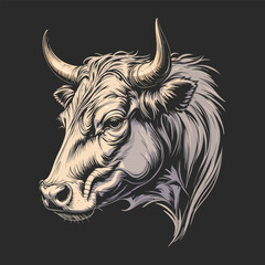 Detailed Illustration of a Bull's Head in Profile/This stylized illustration showcases a bull's head in profile view.