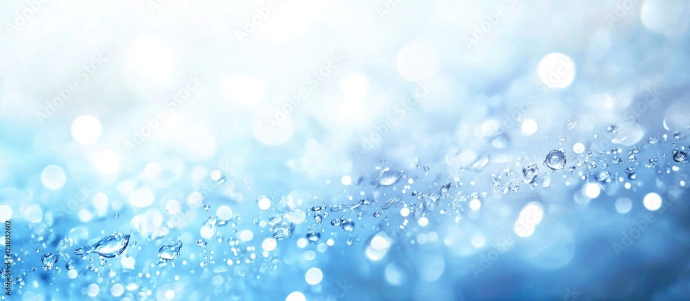 Poster blue water droplets on a soft gradient background creating a tranquil and fresh atmosphere with boke