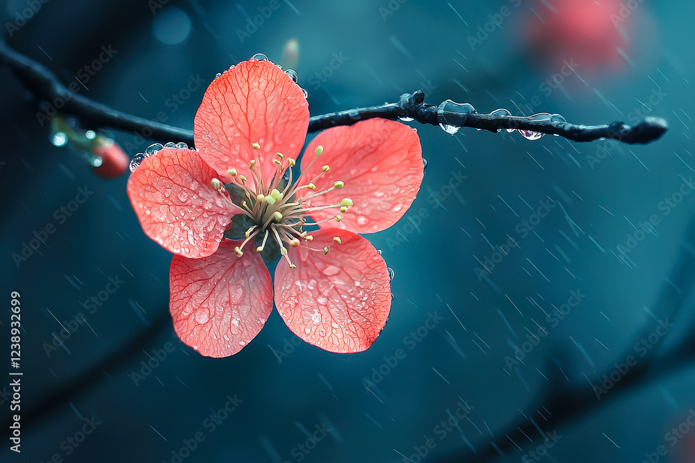 Poster soft red blossom adorned with raindrops hangs delicately from a dark branch in a serene, misty atmos