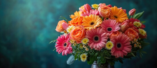 Vibrant bouquet of mixed flowers including roses gerberas and daisies on a blurred green background with Copy Space
