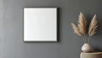 Blank picture frame mock up, Elegant grey frame empty white canvas hanging on the wall, minimal mockup frame on grey wall, modern interior, wall art presentation template, Picture frame