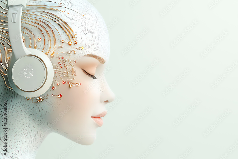 Poster a female figure with soft features and electronic elements wears headphones while enjoying music in 