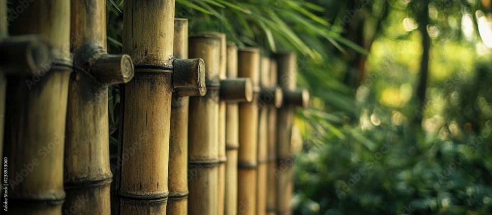 Poster bamboo fence in a lush green environment with blurred foliage in the background and copy space for t