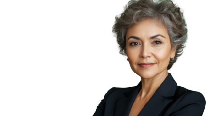 Confident senior businesswoman smiling with folded arms on transparent background