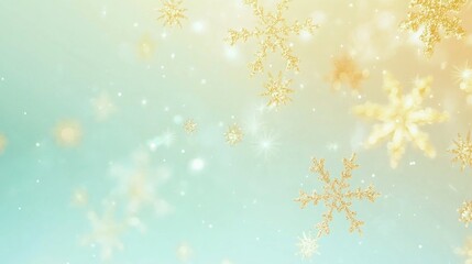 Golden snowflakes falling on soft pastel background.