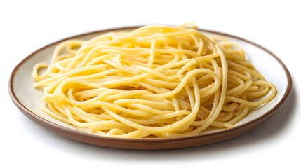 Close-up of freshly boiled spaghetti served on rustic ceramic plate isolated on white background. Simple Italian cuisine food background