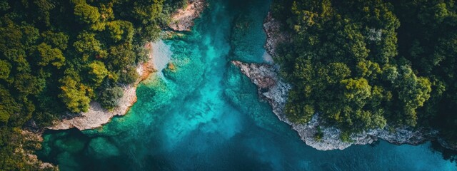 Obraz premium Aerial view of a turquoise river surrounded by lush green trees and rocky banks, showcasing natural landscape with copy space.