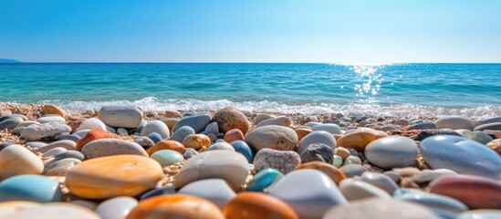 Smooth pebbles on a sandy beach with a clear blue ocean and sunlit waves reflecting light in the background Copy Space