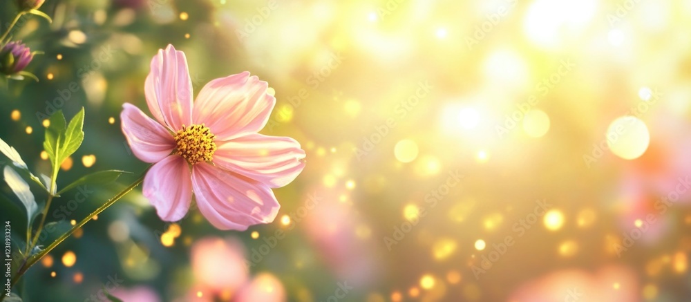 Aufkleber pink flower close-up in soft sunlight with blurred background and bokeh effect copy space