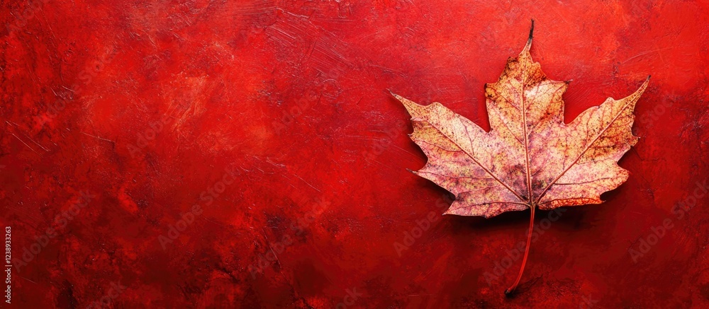 Poster dried maple leaf on red textured background with copy space for text placement