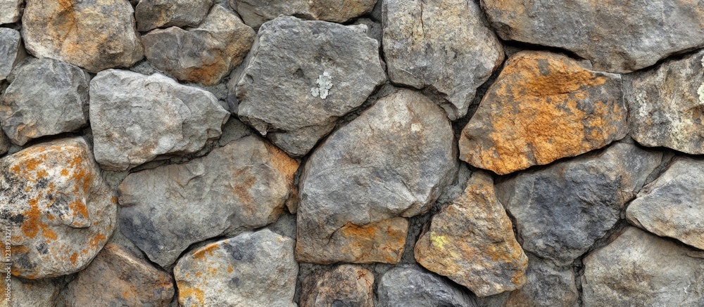 Poster textured stone wall background with various sizes and shapes of grey and orange rocks ideal for desi