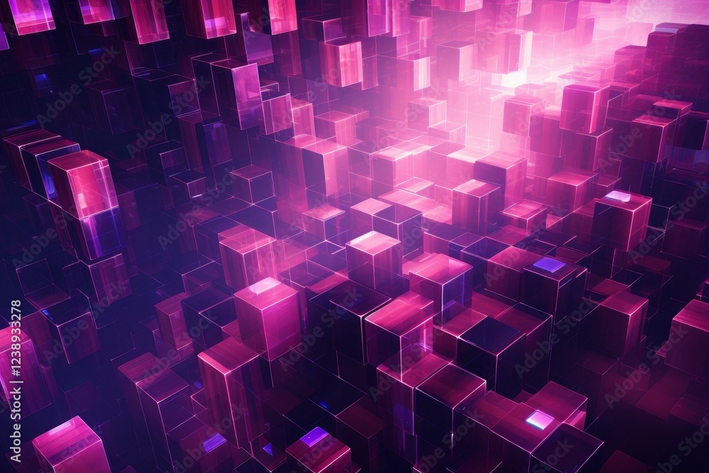 Poster purple glowing cubes are creating an abstract futuristic background with a bright center