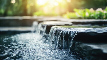 Water cascading over stone ledges in a tranquil outdoor setting with soft sunlight filtering through greenery and reflections in the water Copy Space
